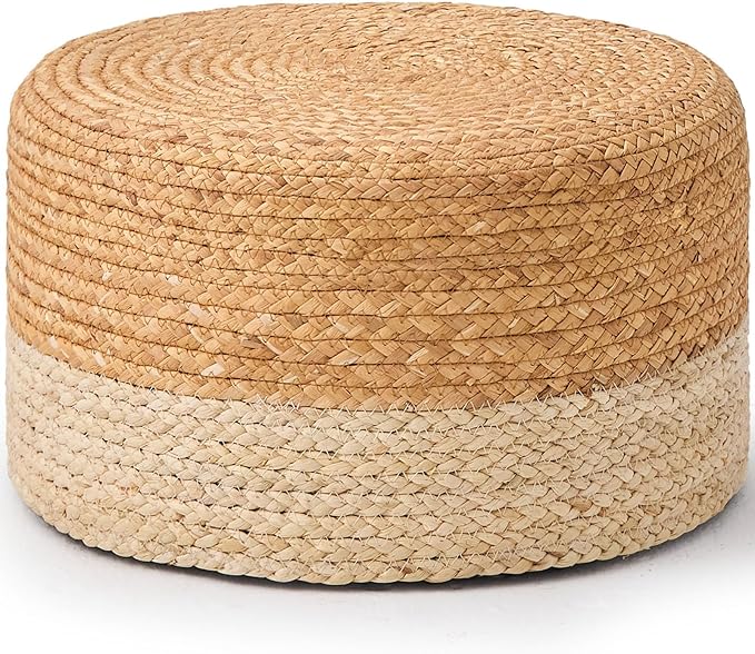 Wimarsbon Round Pouf Ottoman, Natural Hand Knitted Footrest Poof, Rustic Lounge Pouffe, Boho Pous Foot Stool, Accent Table or Seat (Natural Water Hyacinth + White Corn Husk, 17.7 * 17.7 * 9.84)