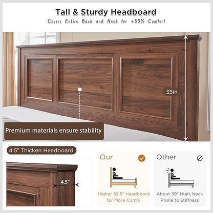 ACCOHOHO Farmhouse Queen Size Bed Frame with 52" Tall Headboard, Wood Platform Bedframe with Footboard and Storage Drawers, No Squeak, No Box Spring Needed, Brown