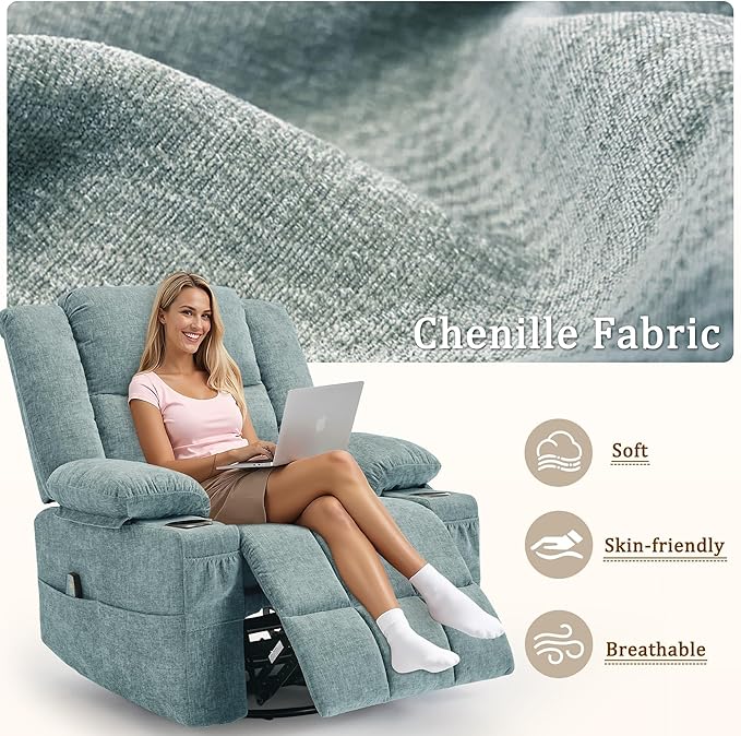 Adult 360° Swivel Rocking Recliner, Baby Room Glider Recliner with Massage and Heating, Rocking Chair with Cup Holder, Living Room and Bedroom Manual Chair (Fabric, Lake Blue)
