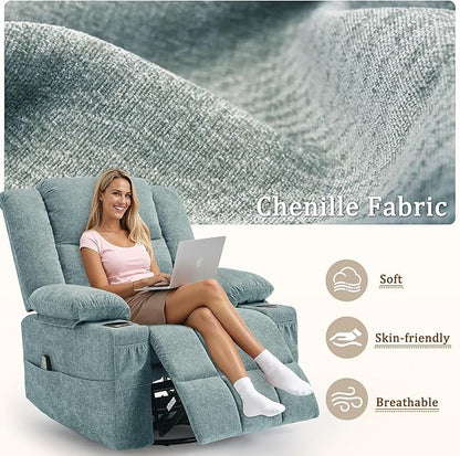 Adult 360° Swivel Rocking Recliner, Baby Room Glider Recliner with Massage and Heating, Rocking Chair with Cup Holder, Living Room and Bedroom Manual Chair (Fabric, Lake Blue)