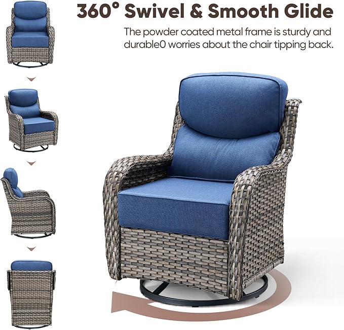 Swivel Patio Chairs sofa Set of 6 with 6" Thick Cushion - Wicker Outdoor Swivel Rocker Patio Chair ,Sofa/Glass coffee table, High Back Comfortable Outdoor Glider Chairs - Gery Wicker Blue Cushions