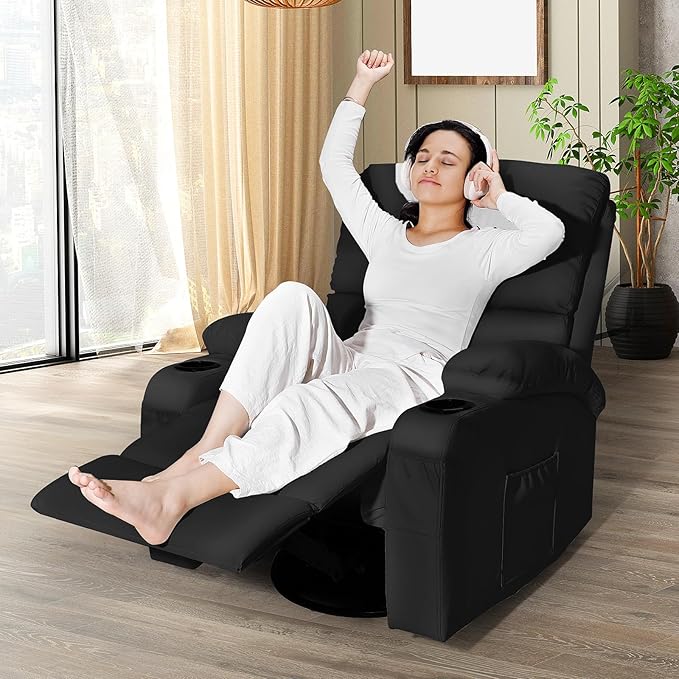 LEVELEVE Rocking Recliner Chair, Massage Rocker Recliner Chair with Vibration Massage and Heat, USB and Type-C Ports,360° Swivel Faux Leather Chairs, Living Room, Bedroom, Nursery, RV, Black