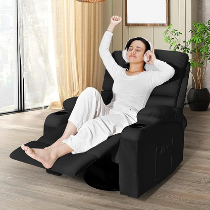 LEVELEVE Rocking Recliner Chair, Massage Rocker Recliner Chair with Vibration Massage and Heat, USB and Type-C Ports,360° Swivel Faux Leather Chairs, Living Room, Bedroom, Nursery, RV, Black