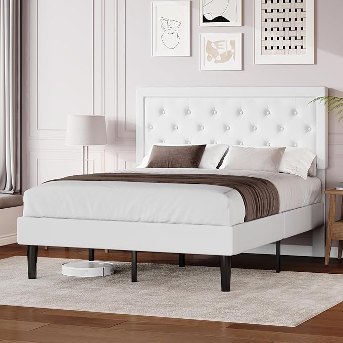Allewie Queen Size Velvet Upholstered Bed Frame with Adjustable Headboard, Diamond Tufted Design, Wood Slat Support, Noise-Free EVA Strip, Easy Assembly, White