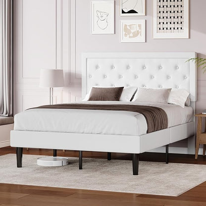 Allewie Full Size Velvet Upholstered Bed Frame with Adjustable Headboard, Diamond Tufted Design, Wood Slat Support, Noise-Free EVA Strip, Easy Assembly, White