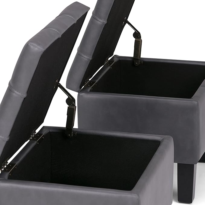 SIMPLIHOME Dover 44 inch Wide Contemporary Rectangle 3 Pc Storage Ottoman in Stone Grey Vegan Faux Leather, Assembled, for the Living Room, Entryway and Family Room