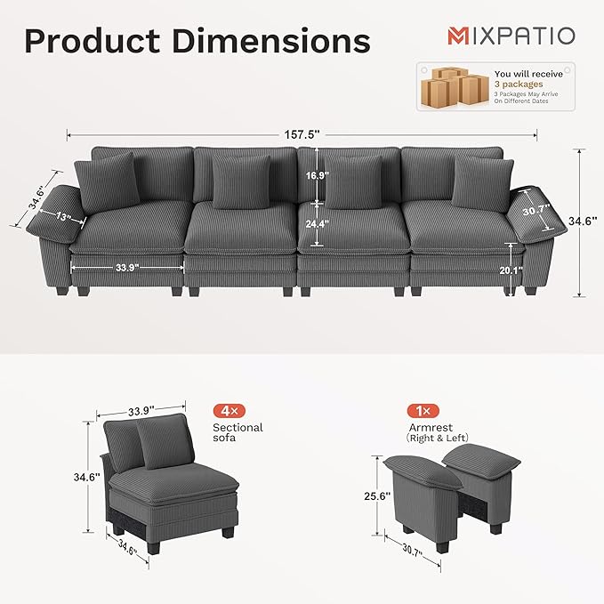 157.5" Cloud Modular Sectional Sofa, 4-Seater w/Deep Seat & Removable Arms, Plush Corduroy for Living Room - Gray