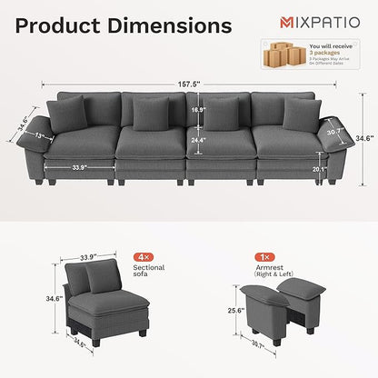 157.5" Cloud Modular Sectional Sofa, 4-Seater w/Deep Seat & Removable Arms, Plush Corduroy for Living Room - Gray