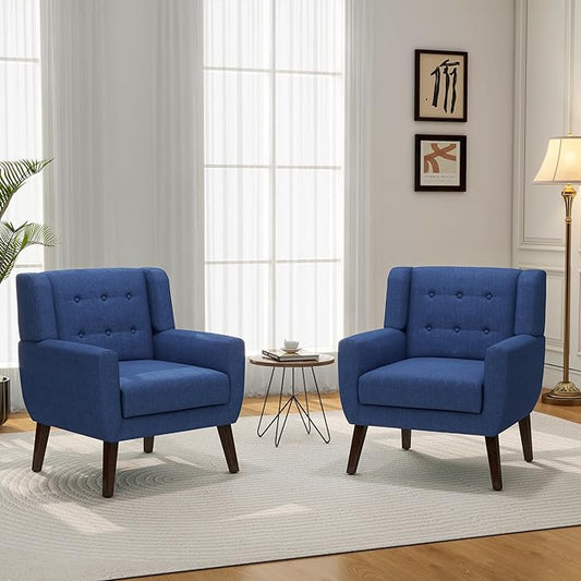 Accent Chair, Mid-Century Modern Fabric Chairs with Arms for Living Room, Comfy Upholstered Club Single Sofa Armchair for Bedroom Waiting Room with Solid Wood Frame (Fabric Navy Blue, Set of 2)