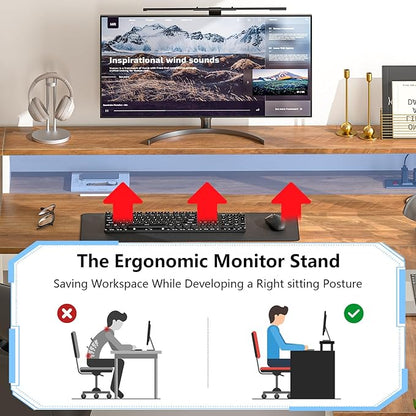 63" Farmhouse L Shaped Executive Desk with Drawers & Storage Shelf, Corner Computer Desk with Power Outlets, L Shaped Office Desk with Monitor Stand, Printer Shelf, Antique White