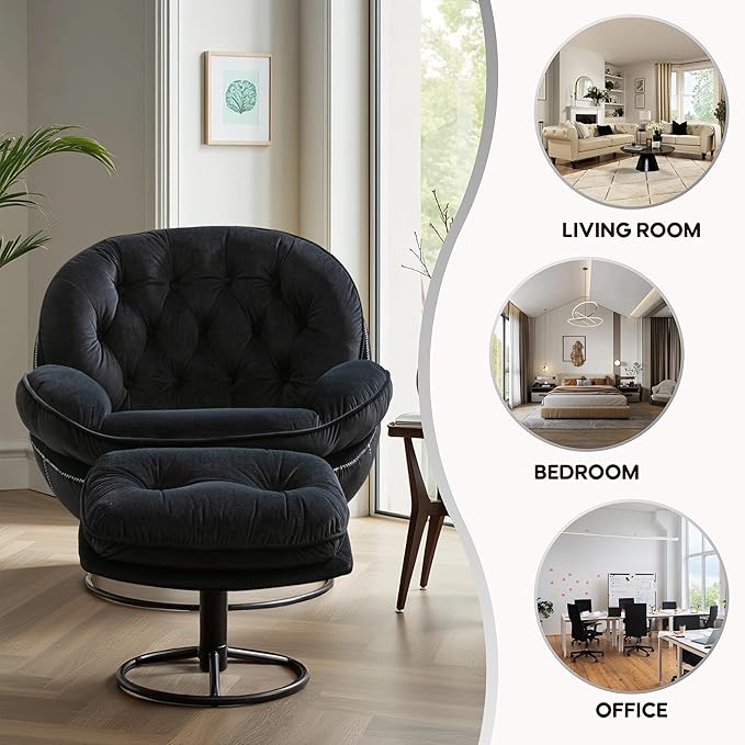 Set of 2 360° Swivel Modern Velvet Accent Chair with Ottoman | Mid-Century Button Tufted Lounge Chair for Living Room & Bedroom, Black