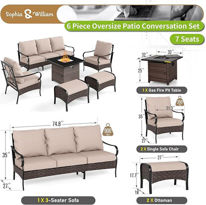 Sophia & William Patio Furniture Set with 32" Fire Pit Table, 3-Seater Sofa, 2 Sofa Chairs, 2 Ottoman, 7 Seats Outdoor Metal Conversation Sets for Seating Lawn Garden Backyard, Beige