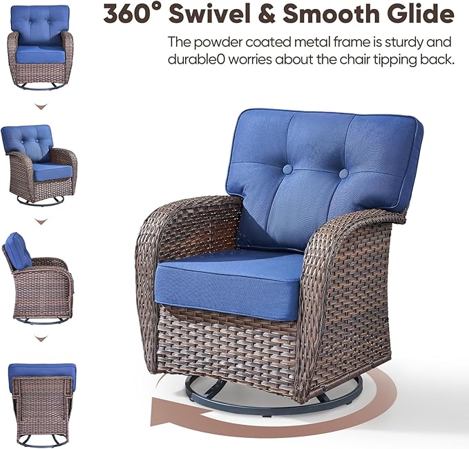 5-Piece Rotating Balcony Chair Set with 31-inch T-Shaped Wide backrest - Rattan Outdoor Rotating Balcony Chairs, Wide backrest Comfortable Outdoor Sliding Chair - Brown | Blue