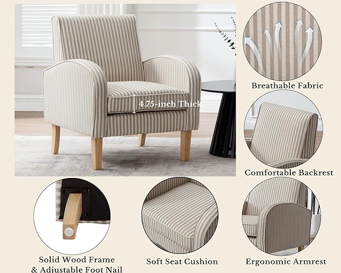 Farmhouse Striped Accent Chair for Living Room Set of 1, Linen Fabric Modern Comfy Armchairs with Cushion, Upholstered Striped Reading Chairs for Bedroom Couch Chair with Wood Legs, Khaki
