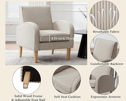 Farmhouse Striped Accent Chair for Living Room Set of 1, Linen Fabric Modern Comfy Armchairs with Cushion, Upholstered Striped Reading Chairs for Bedroom Couch Chair with Wood Legs, Khaki
