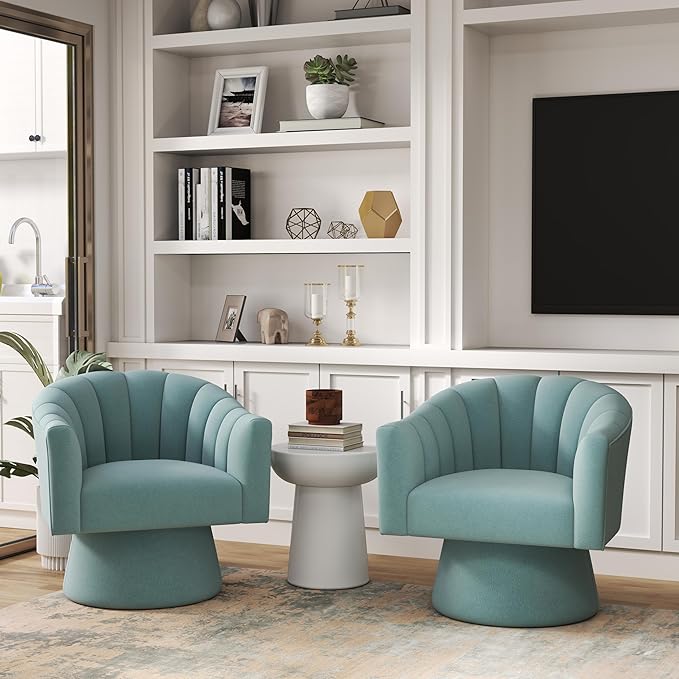 Swivel Accent Chair Set of 2, Upholstered Velvet 360° Swivel Barrel Chair for Living Room Overstuffed Bouncle Reading Chair Round Armchair for Bedroom,Vanity,Office (Blue)