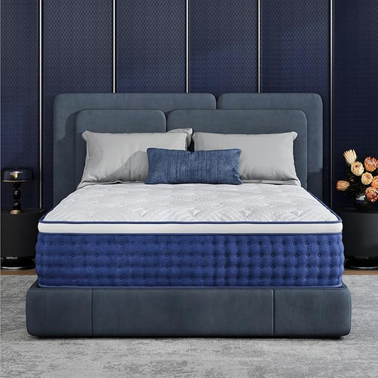 Queen Mattress, 14 Inch Hybrid Queen Size, Medium Feel Foam and Individual Pocket Springs, Fiberglass Free Bed Mattress, Extra Edge Support, Pressure Relief, CertiPUR-US, Blue