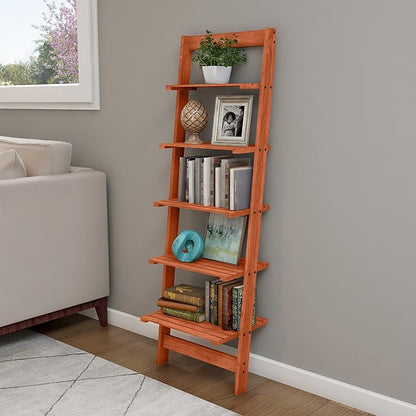 5-Tier Ladder Shelf - 50-Inch Narrow Leaning Bookshelf - Wooden Bookcase for Living Room, Bathroom, Kitchen, Office, or Bedroom Furniture by Lavish Home (Cherry)