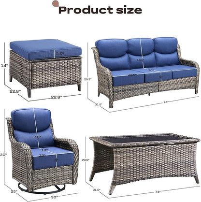 Rilyson Wicker Outdoor Patio Furniture Set - 6 Piece Patio Conversation Sets with Swivel Rocker Chairs, Ottomans, Sofa and Coffee Table, 6 inch Cushions, Deep Seating, for Porch Deck Mixed Grey/Blue