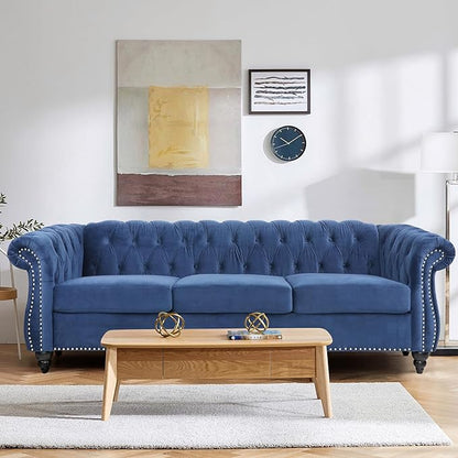 2 Piece Living Room Sofa Set, 3 Seater Velvet Sofa Couch and Chair Set, Mid Century Modern Upholstered Couch with Cushions, Comfy Tufted Chesterfield Couches for Living Room, Bedroom, Office