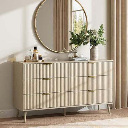 CARPETNAL Fluted 6 Drawer Dresser for Bedroom, 55" Wide Wooden Chest of Drawers with Rounded Corners, Gold Handles, Modern Storage Organizer for Bedroom, Hallway(Beige)