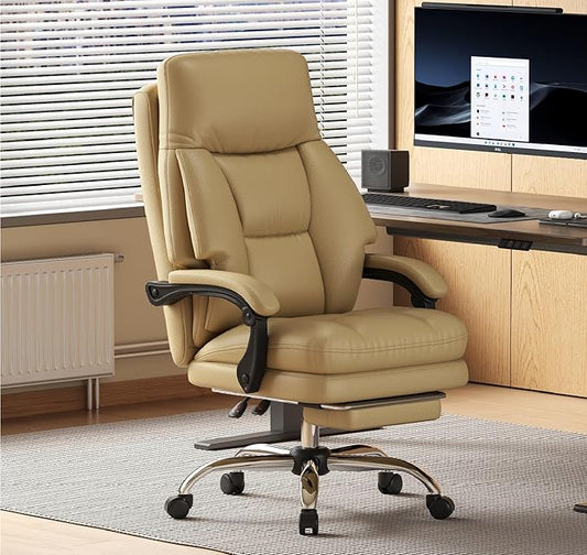 Home Office Desk Chair, 90°-160° Reclining, High Back Executive OfficeChair 400LBS with Footrest, Ergonomic Scratch-Resistant Faux Leather Computer Gaming Chair with Lumbar Support, Coffee