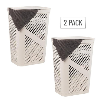 Mind Reader 60L Slim Laundry Hamper, Clothes Basket, Lid, Ventilated, Plastic, Set of 2, Ivory