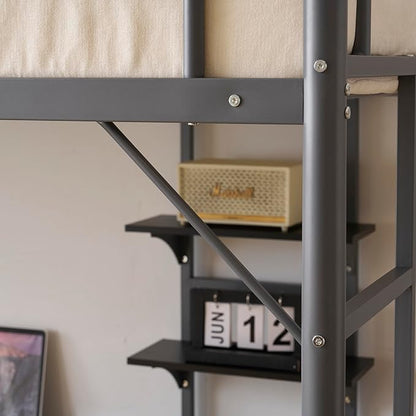 Karl home Twin Loft Bed with Desk and Storage Shelvs,Twin Bunk Bed with Desk for Kids Teens Adults, Saving Space,No Box Spring Needed, Non-Noice, Grey