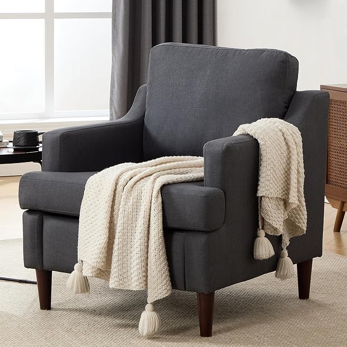 Mid-Century Accent Chair Modern Linen Fabric Armchair for Living Room,Comfy Upholstered Reading Chairs for Bedroom,Single Sofa Chair with Wood Legs (Darkgrey, Set of 2)