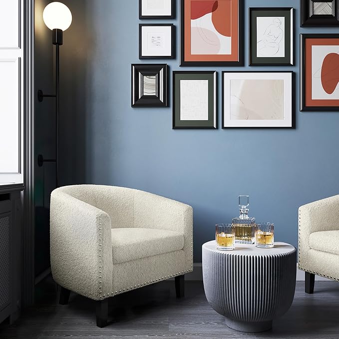 BELLEZE Living Room Chair, Upholstered Accent Chair, Barrel Club Chair with Silver Nail Head Trim & Black Legs, for Living Room Bedroom Reception Room- Kyara (White/Polyester)