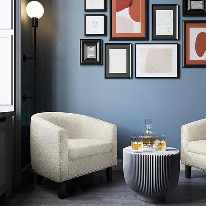 BELLEZE Living Room Chair, Upholstered Accent Chair, Barrel Club Chair with Silver Nail Head Trim & Black Legs, for Living Room Bedroom Reception Room- Kyara (White/Polyester)