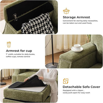 85" Sectional Couches with Storage Ottoman,L Shaped Couch with Armrest Organizer,3-Seater Sofa,Thick Cushions,Small Sofas for Living Room,Bedroom,Apartment,Chenille,Green