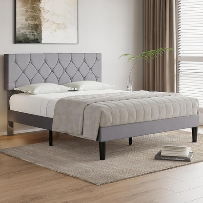VECELO Queen Size Bed Frame with Button Tufted Headboard, Upholstered Platform Bedframe with Wood Slat Support, No Box Spring Needed, Linen Grey