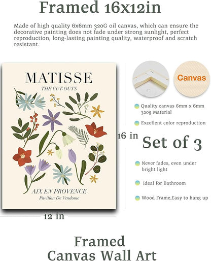 HesenDot Minimalist Framed Matisse Canvas Wall Art,Abstract Matisse Wall Decor,Quality Canvas Prints for 12x16IN,Art Posters Decoration for Bathroom,Living Room,Bedroom Set of 3
