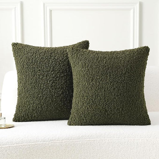 FUTEI Olive Green Throw Pillow Covers 16x16 Inch Set of 2,Furry Faux Fur Teddy Boucle Textured Cushion Covers,Soft Fluffy Decorative Pillow Case,Home Decor for Couch Bed Living Room Office Car