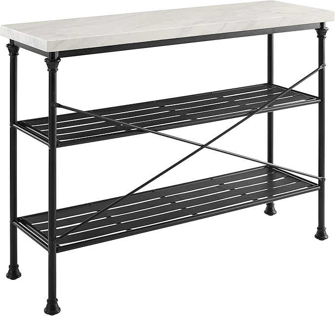 Crosley Furniture Madeleine Sofa Console Table with Storage Shelves for Hall, Entryway, or Living Room, Steel with Faux Marble Top
