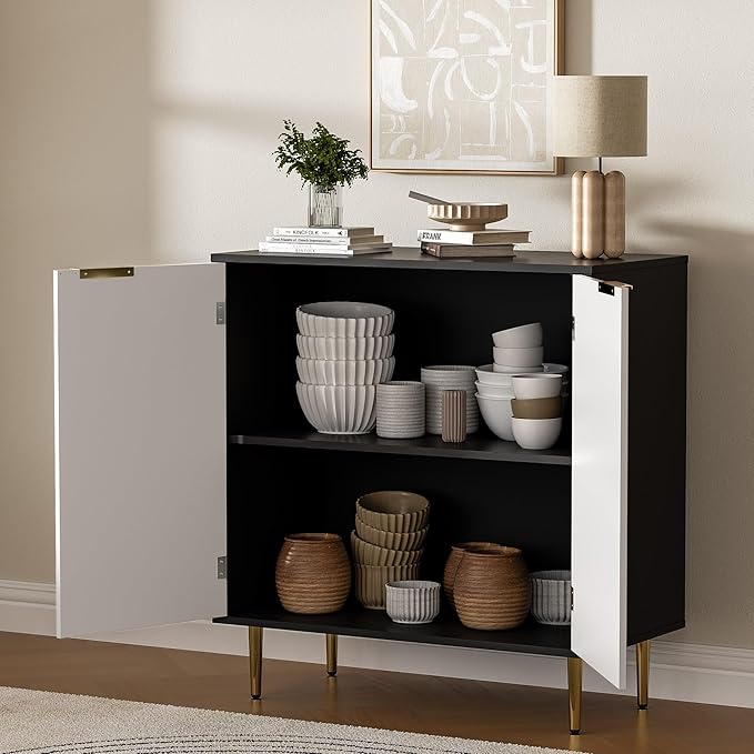 Buffet Sideboard Cabinet with 2 Doors, Modern Kitchen Cabinet with Golden Handles & Legs, Adjustable Shelf, Accent Coffee Bar Storage Sideboard for Kitchen, Living Room, Black & White