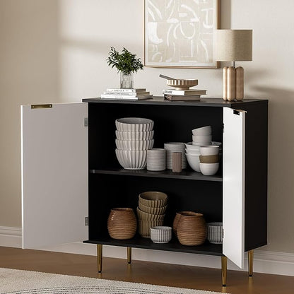 Buffet Sideboard Cabinet with 2 Doors, Modern Kitchen Cabinet with Golden Handles & Legs, Adjustable Shelf, Accent Coffee Bar Storage Sideboard for Kitchen, Living Room, Black & White