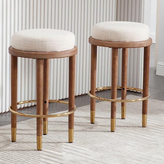 26’’ Rustic Backless Bar Stools with Metal Gold Footrest Counter Height Barstools Set of 2 Modern Round Farmhouse Beige Linen Upholstered Wooden Stools with Natural Solid Wood Legs for Kitchen Island