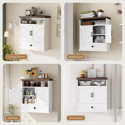 Bathroom Wall Cabinet, Farmhouse Wall Mounted Medicine Cabinet with Drawer, Barn Doors and Adjustable Shelf, 25"H x 23.6"W x 9"D White Over Toilet Storage Cabinet for Kitchen, Laundry Room, Entryway