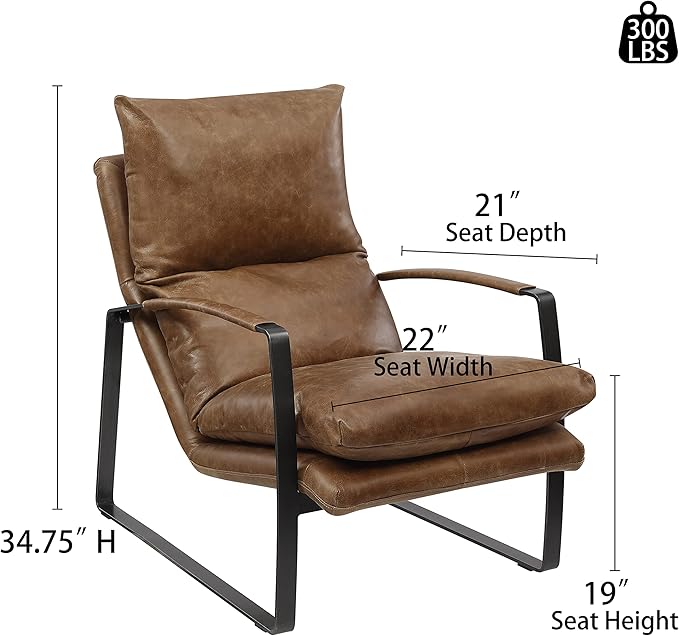 Art Leon Genuine Leather Accent Chair, Mid Century Modern Living Room Chair Lounge Chair with Black Metal Frame, Brown