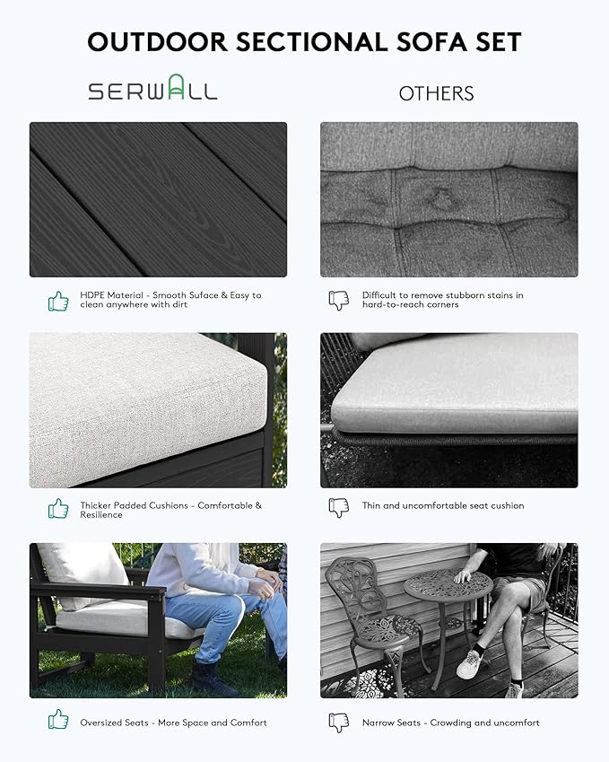 SERWALL Outdoor Patio Sofa Set, 2-Piece HDPE Single Seat Outdoor Sofa Chair with Padded Cushions, Black Frame with Beige Cushion