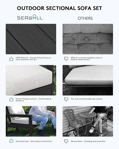 SERWALL Outdoor Patio Sofa Set, 2-Piece HDPE Single Seat Outdoor Sofa Chair with Padded Cushions, Black Frame with Beige Cushion