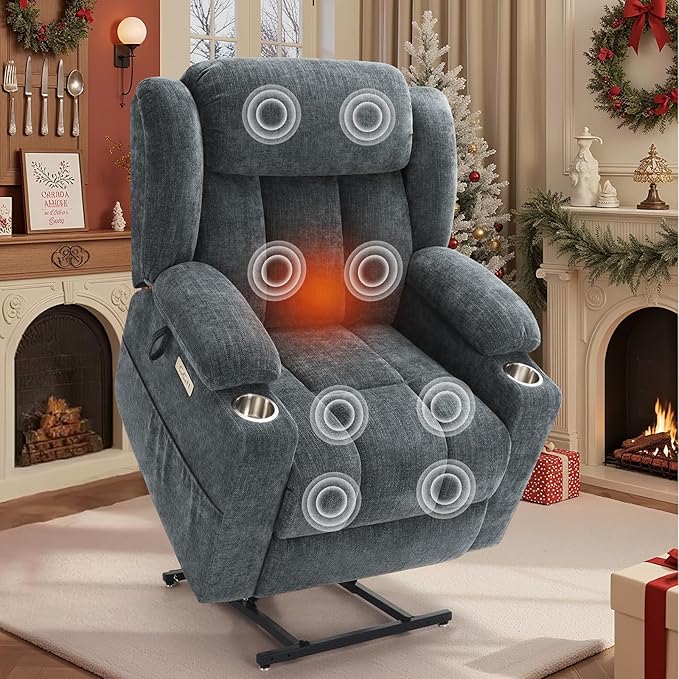 Large Power Lift Recliner Chair, Heavy Duty Steel Mechanism Chenille Fabric High-Density Sponge, USB & Type-C Port Standing Assistance Blue Reclining Chair with Massage and Heat
