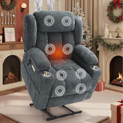 Large Power Lift Recliner Chair, Heavy Duty Steel Mechanism Chenille Fabric High-Density Sponge, USB & Type-C Port Standing Assistance Blue Reclining Chair with Massage and Heat