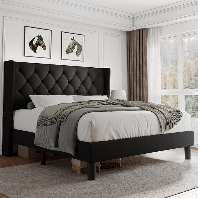 iPormis Queen Size Platform Bed Frame with Button Tufted Headboard, Upholstered Bed Frame with Solid Wooden Slats, 8" Underbed Space, No Box Spring Needed, Noise Free, Easy Assembly, Black