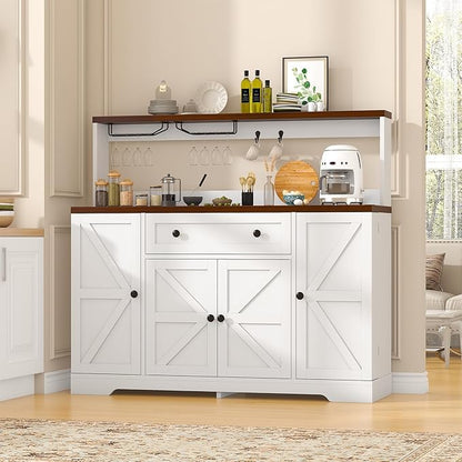 Hutch Storage Buffet Cabinet with Drawers, and Charging Station, Coffee Bar Cabinet with Barn Doors, Wine Rack and Hooks, White Wood Sideboard Buffet for Kitchen, Dining Room, 47.8" High