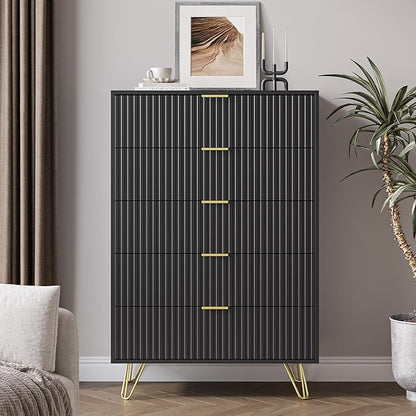 5 Drawers Dresser for Bedroom, 47" Tall Modern Chest of Drawers with Gold Handle, Fluted Wood Dresser for Bedroom, Living Room, Hallway, Entryway, Black