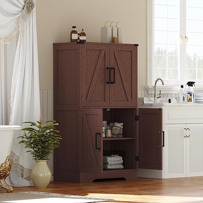 Treocho Bathroom Floor Cabinet, Farmhouse Bathroom Storage Cabinet with Doors and Adjustable Shelves, Freestanding Kitchen Pantry Cabinet, Cupboard for Living Room, Dining Room, Walnut