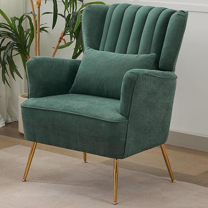 Fabric Accent Living Room Arm Chair with Pillow & Golden Legs, 8.5" Thick Cushion, Mid Century Modern Wingback Chairs Upholstered Comfy Sofa Armchair for Reading Room/Bedroom, Green